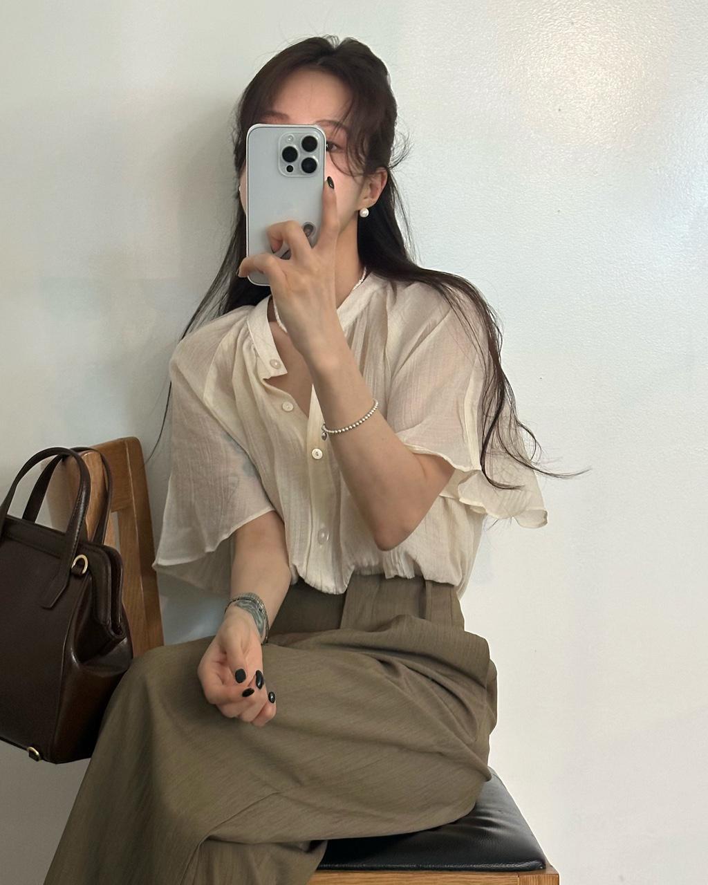 유인어스 헤틴 여성 여름 핀턱 셔링 오버핏 루즈핏 링크 벌룬 A라인 시스루 반팔 블라우스