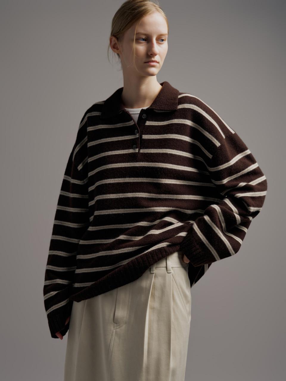 [4차 1/13예약배송] 캐시미어 스트라이프 카라 니트_brown