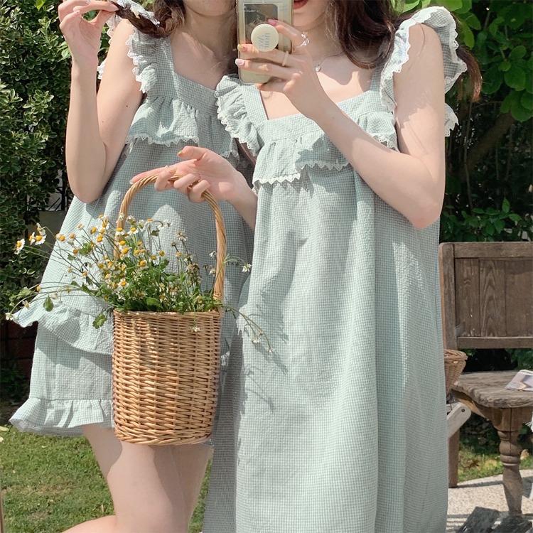 이브닝 체크 프릴 민소매 파자마 세트&원피스 택 1