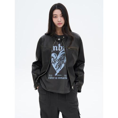 워싱 페이크레더 레이서 재킷  블랙