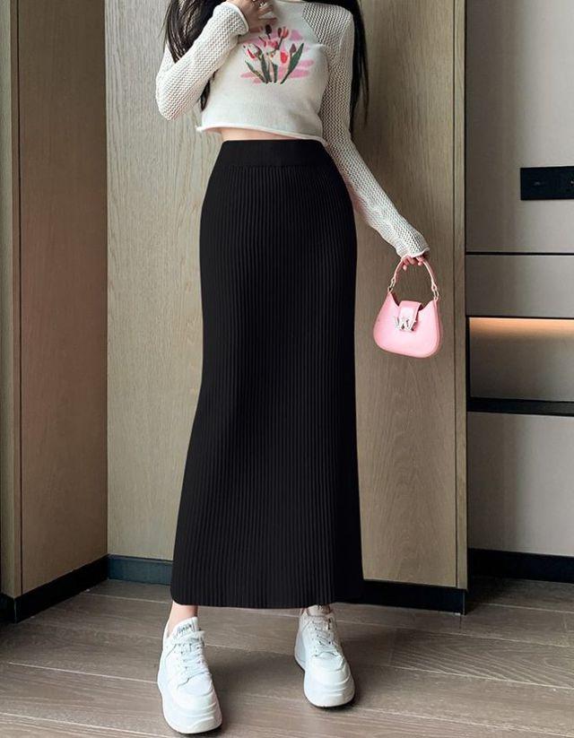 허리밴드 골지 니트 롱 스커트