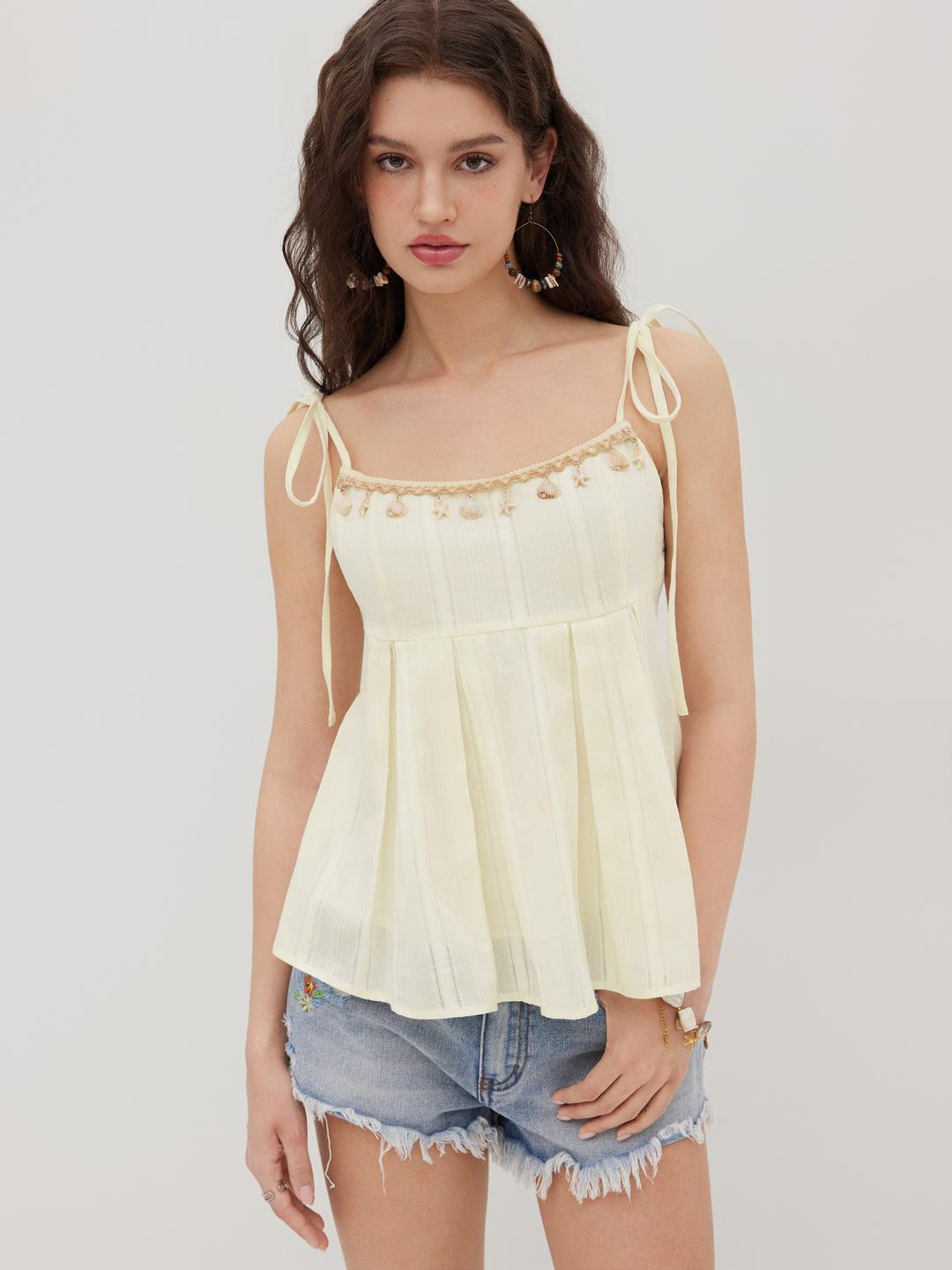 Cotton Shell Beaded Bowknot Pleated Oversized Cami Top
