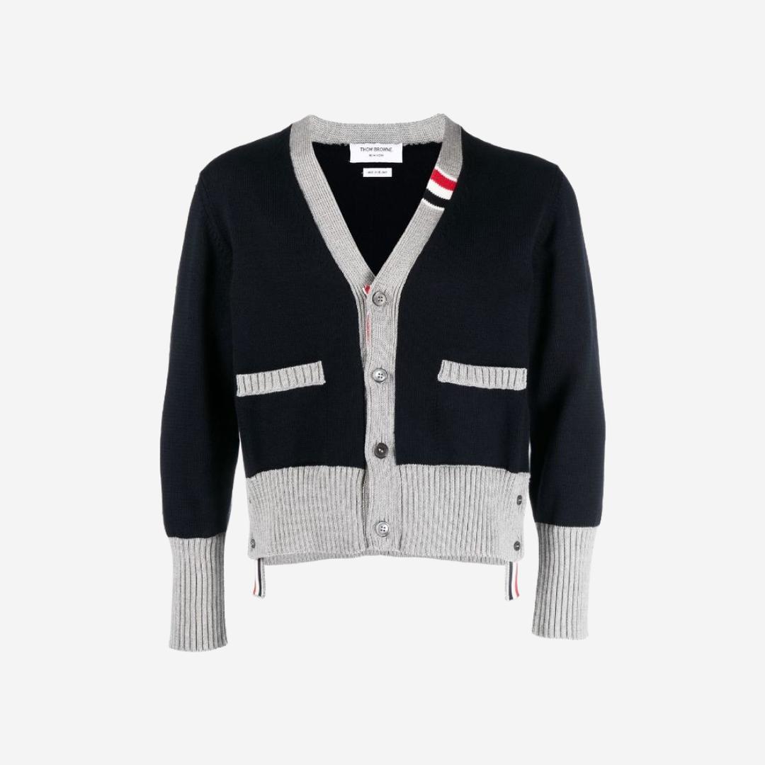 Thom Browne Cotton Jersey Stripe V-Neck Cardigan Navy