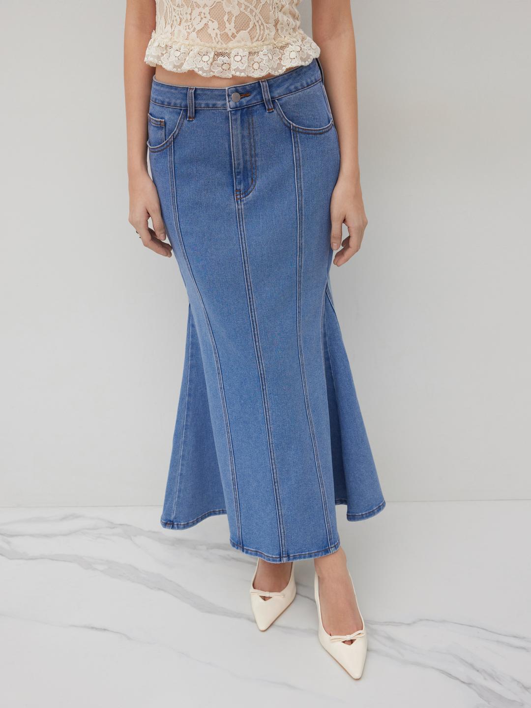 High Stretch Cider Denim Mid Rise Mermaid Maxi Skirt