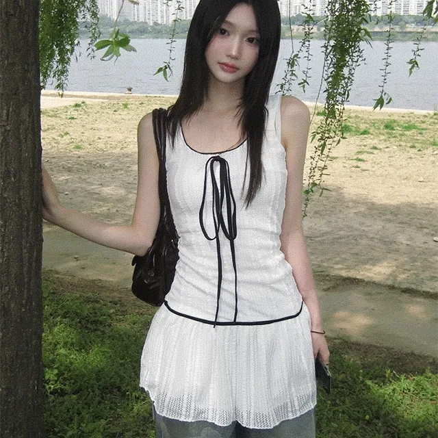 [레이어드🪽/모델강추!] 에르 배색 리본 니트 나시 원피스