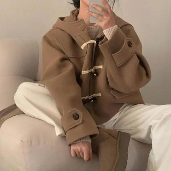 여자 올드머니룩  후드 떡볶이코트 크롭 숏 모직코트 겨울아우터 카멜 그레이 연베이지