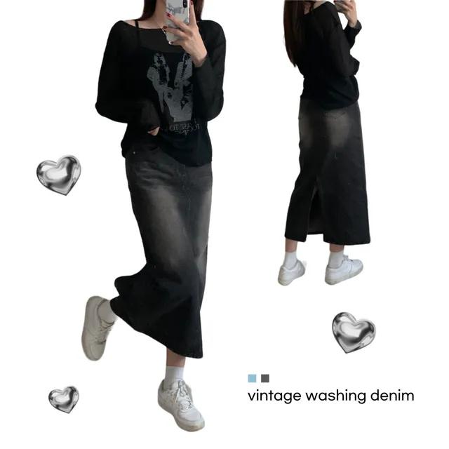 [사계절/YKK지퍼] 빈티지 워싱 h라인 트임 롱 데님 스커트 청치마 y2k 겨울치마 - 중청 흑청