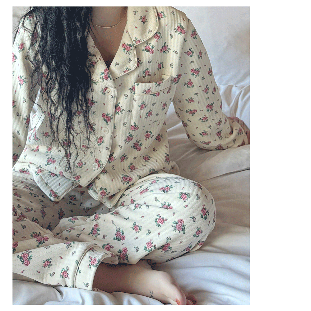 빈티지 플라워 겨울 누빔 잠옷 파자마
