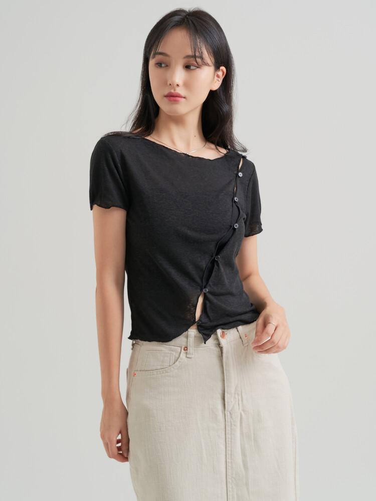 [여리여리/당일발송] 린넨 버튼 티셔츠 - 블랙