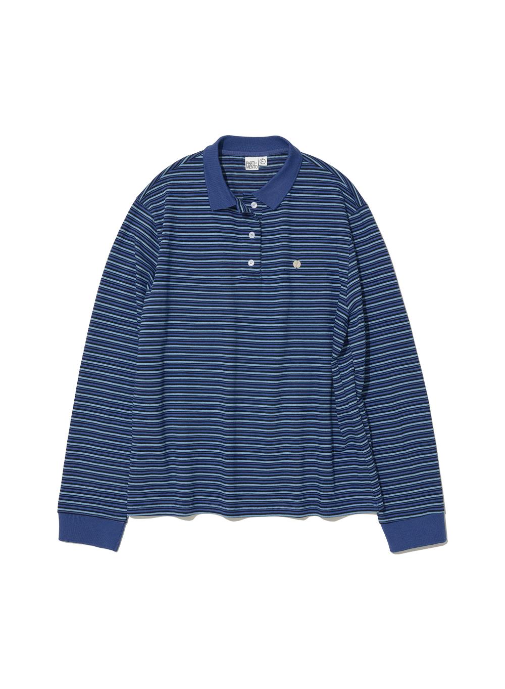 [WOMEN] STRIPE LONG SLEEVE POLO TEE_BLUE