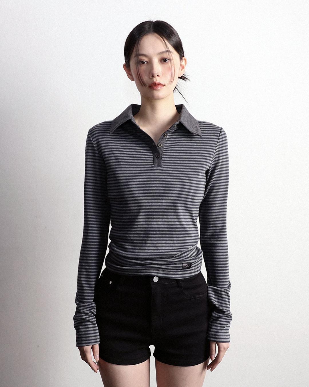 Polo long sleeve Stripe Charcoal