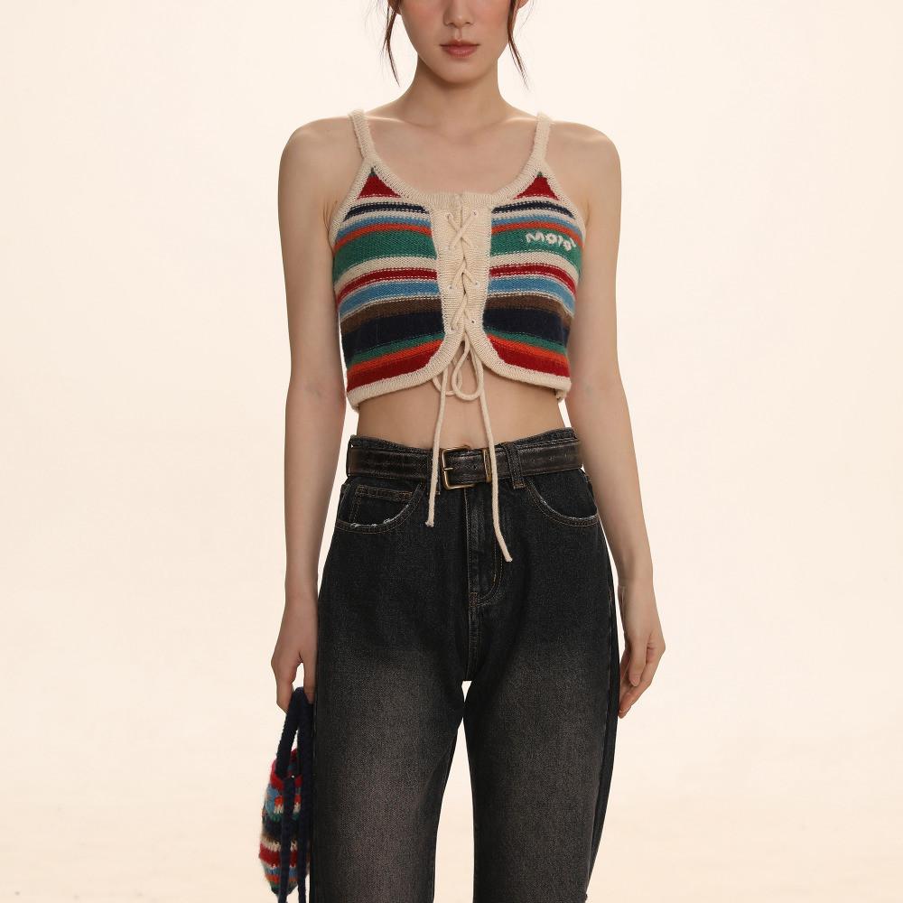 Moromoro2 스트라이프나시 스트링 캐미솔 베스트 컬러 니트탑 모로모로