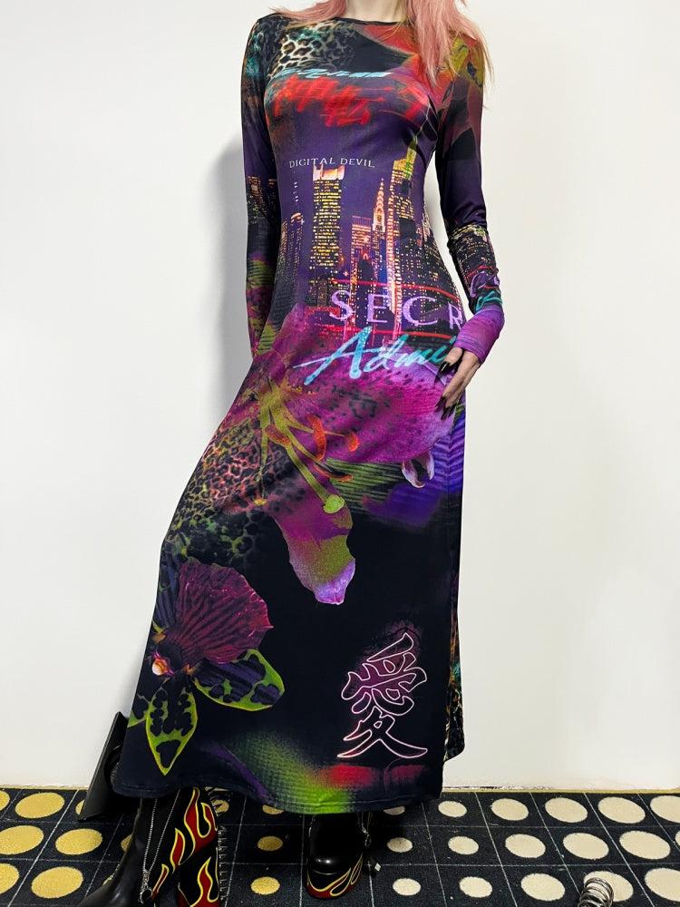 Leopard & Floral Print Long Sleeve A-Line Flare Dress【s0000011780】