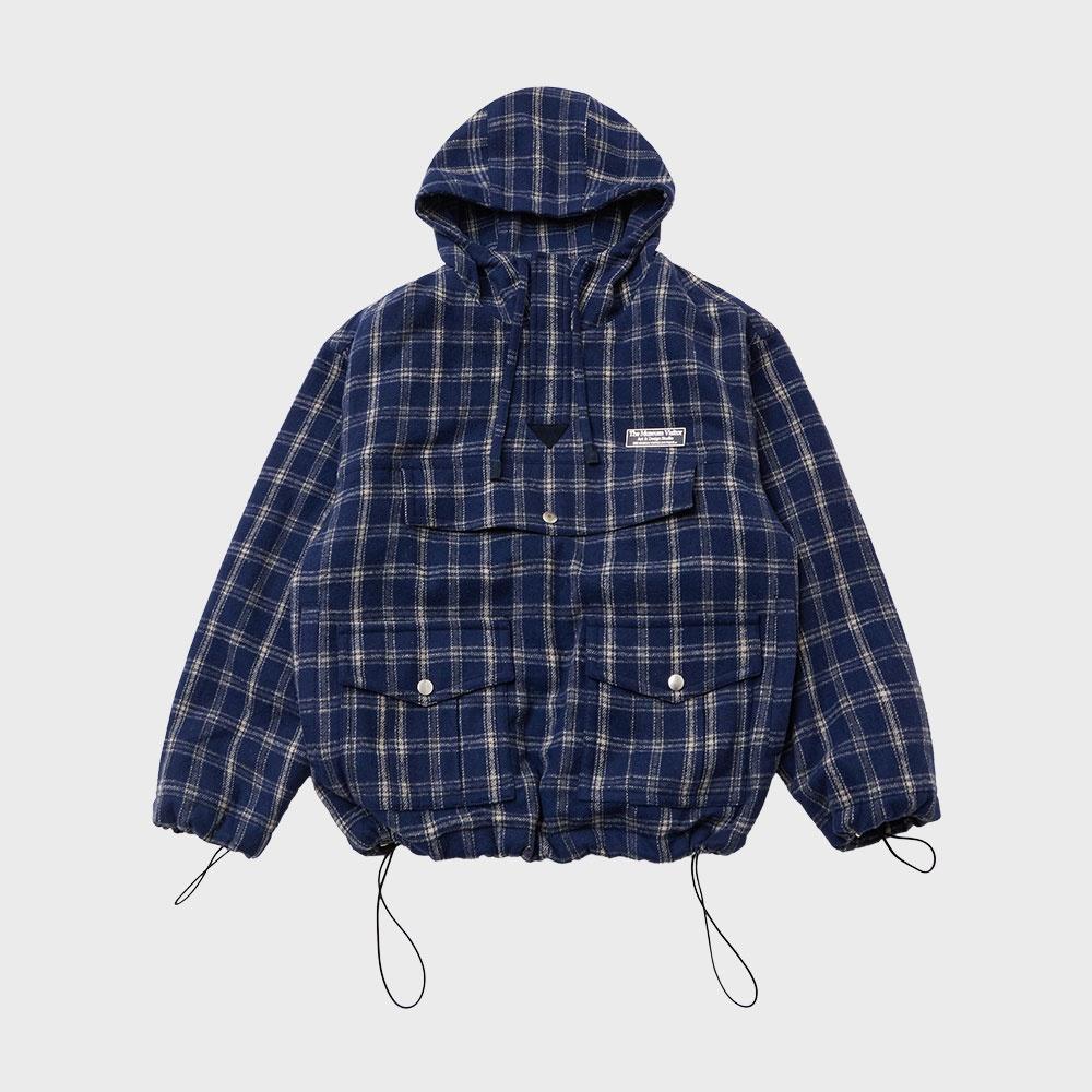LEATHER ELBOW PATCH CHECK ANORAK (NAVY)