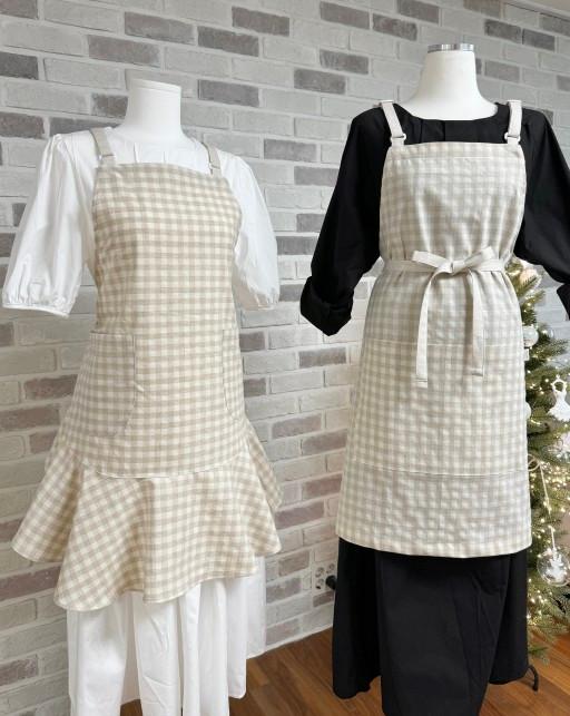 오트밀 체크 앞치마 2종