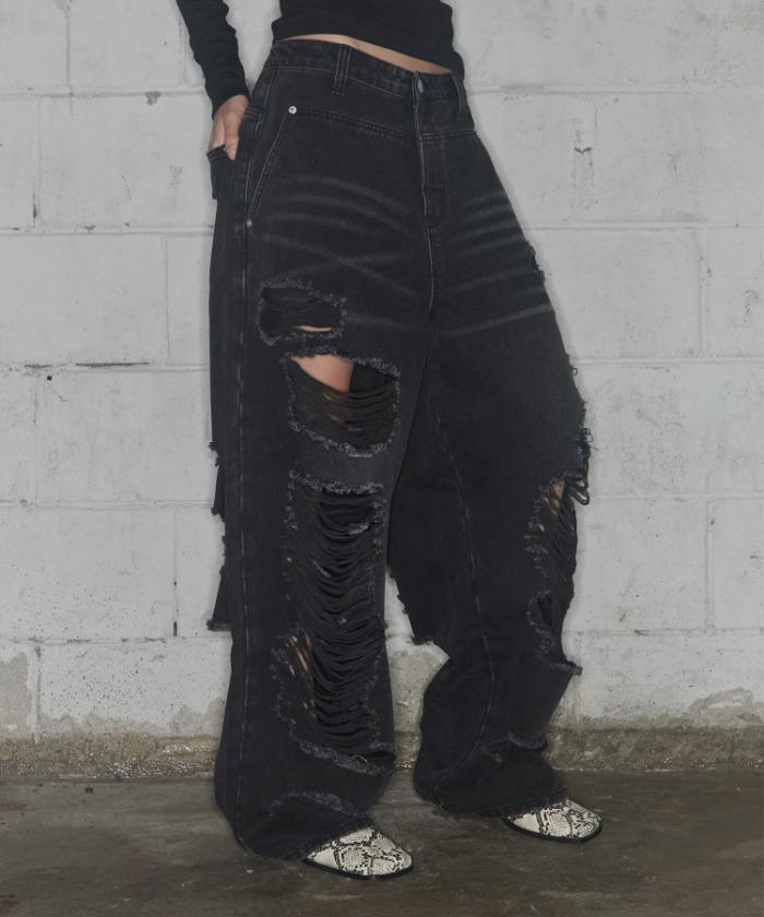 WASHED DAMAGE DENIM PANTS (BLACK) F25ZD979