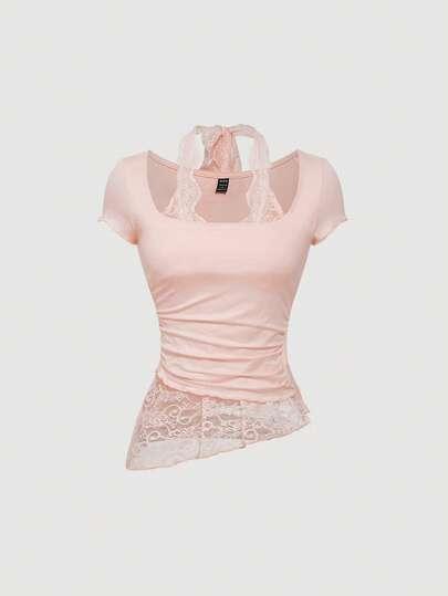 SHEIN MOD Women Knit Patchwork Lace Asymmetrical Hem Foldable Collar Lace Trim Tie Neck Waisted T-Shirt