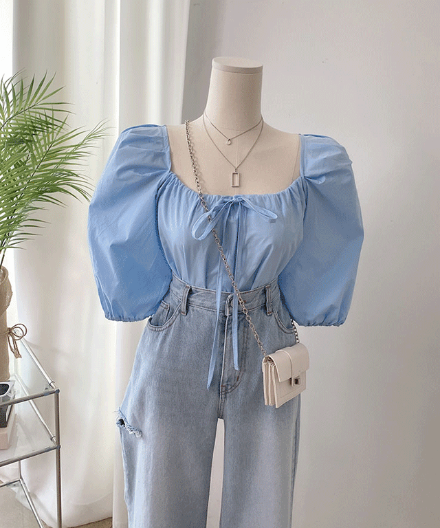 [무배] 스트링 셔링 퍼프 반소매 블라우스