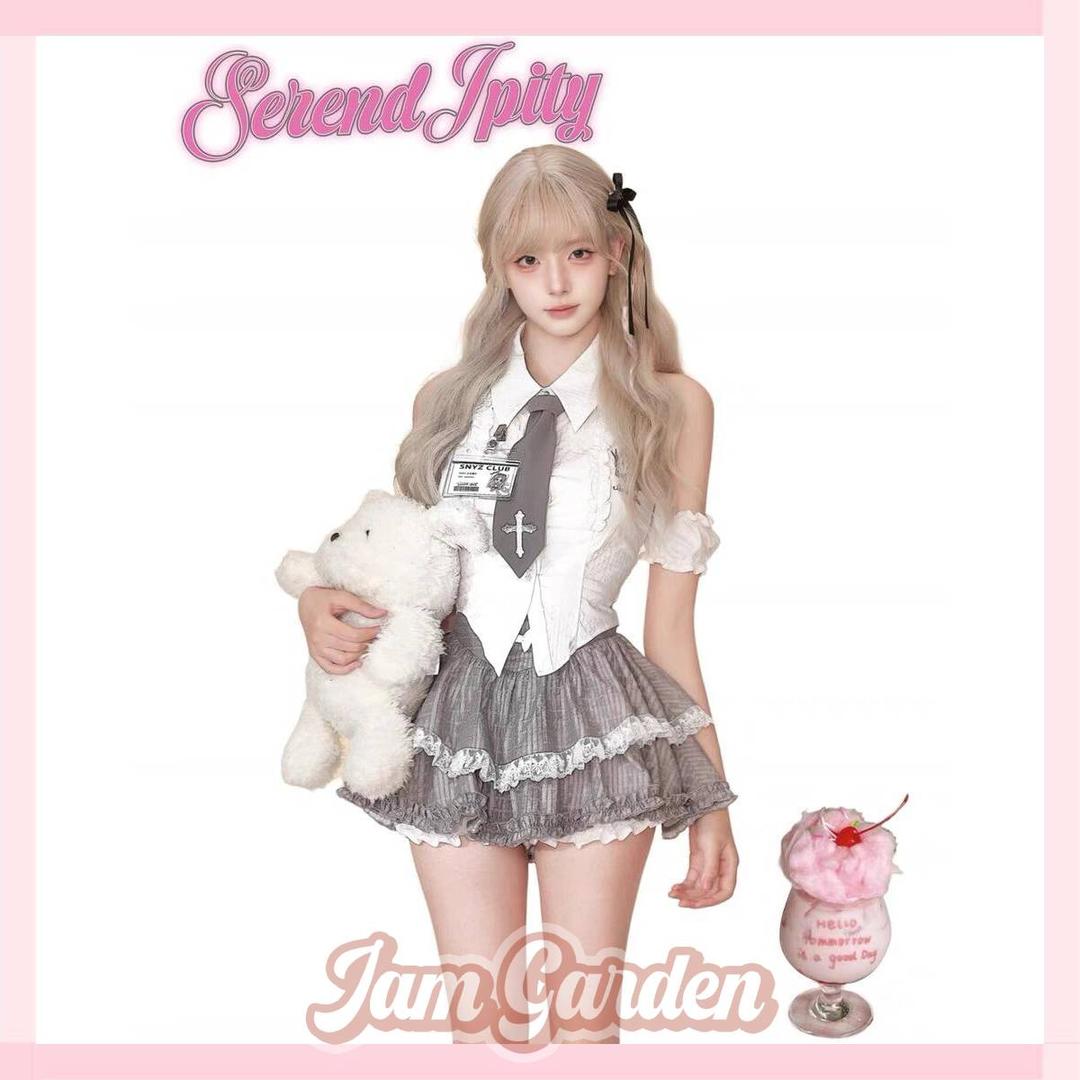 Serendipity Virtual Academy Set White Shirt Top + Grey Pleated Skirt - Top+Skirt(pre-sale) / S