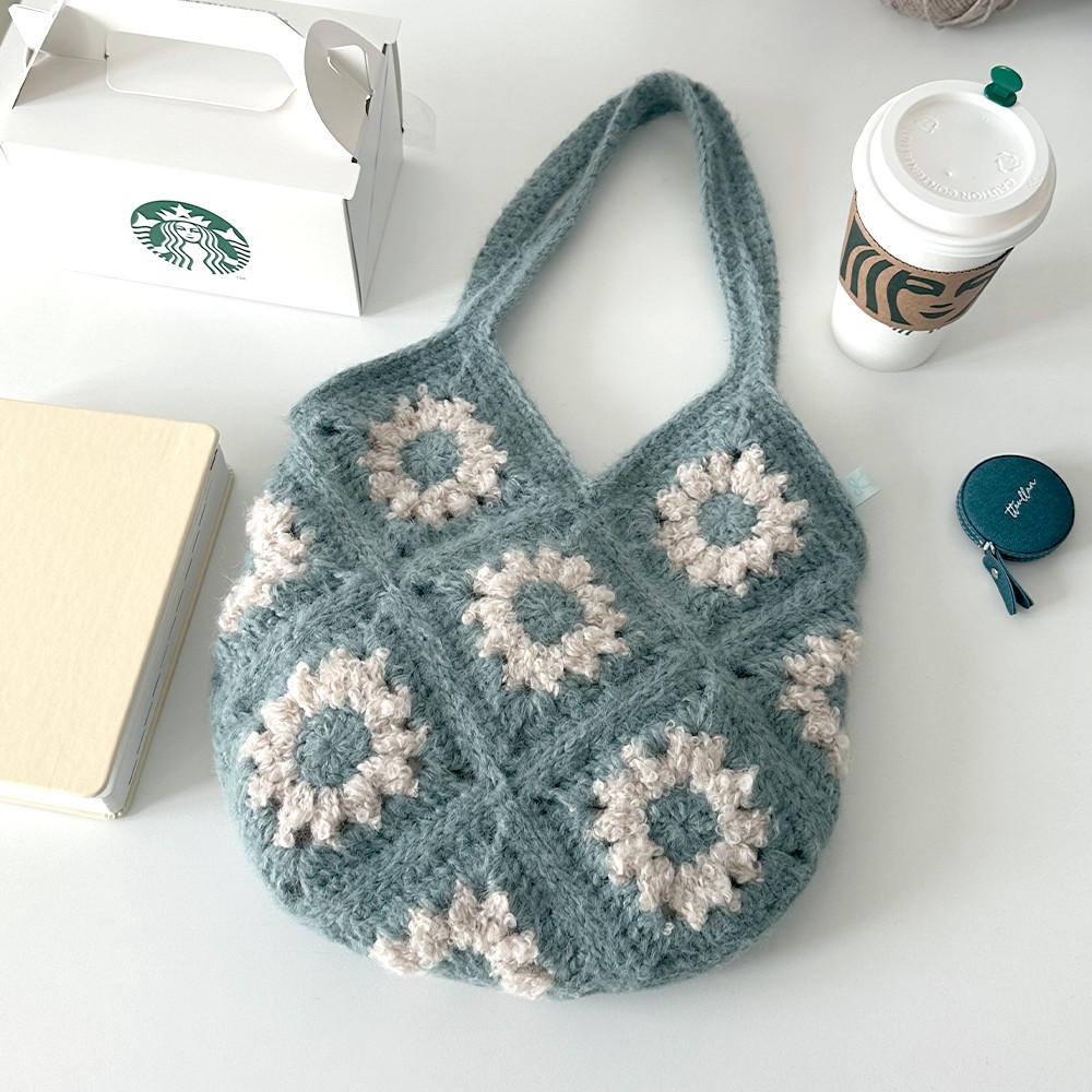 DIY키트 리플라워 모티브 가방 (겨울버전) 코바늘 뜨기 숄더백 망태기가방 손뜨개 뜨개질 패키지 뜰안 뜨개공방 (무료도안)