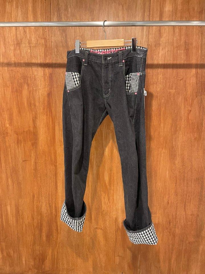 Gingham pocket denim pants