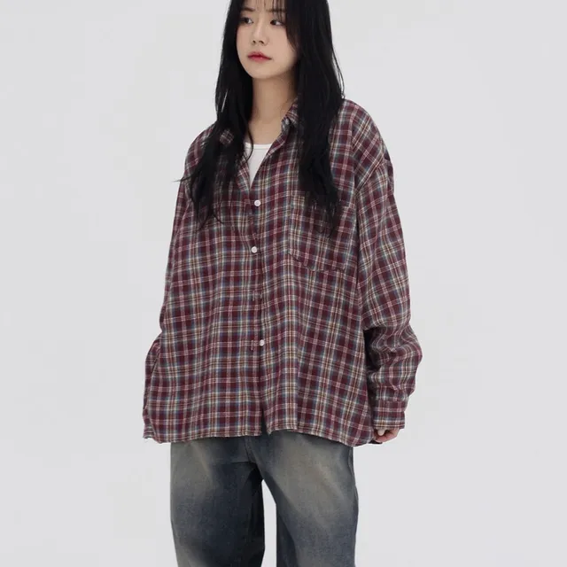 빈티지 오버핏 기모 체크 셔츠