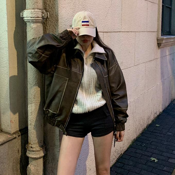 로건 빈티지 오버핏 레더자켓