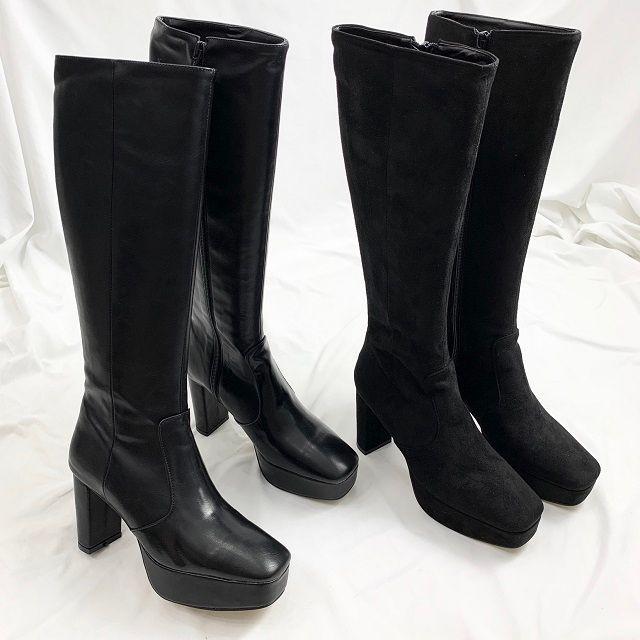 스퀘어 사각코 가죽 스웨이드 블랙 청키힐 가보시 통굽 롱부츠힐 9cm