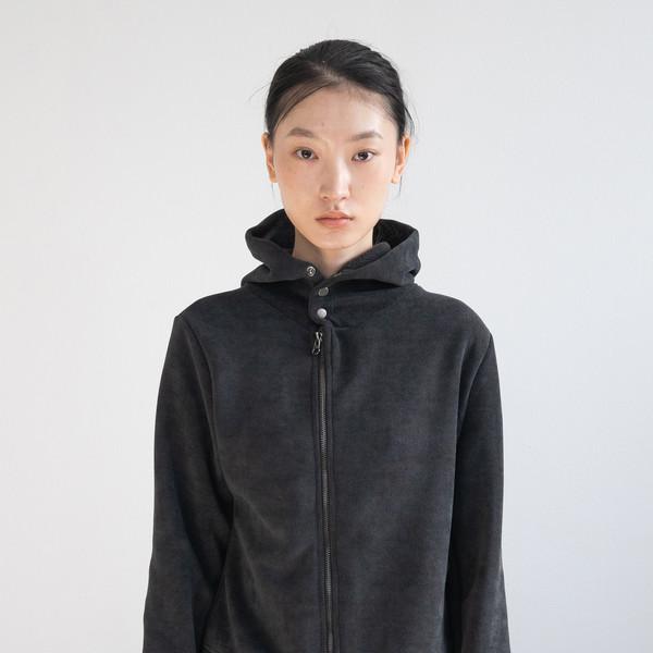 Fleece Hood Button Zip-Up (Charcoal)