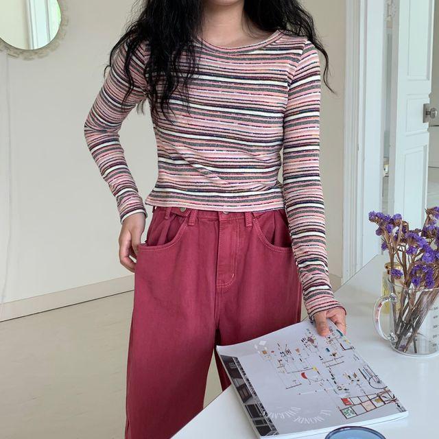 팬톤 테리 스트라이프 크롭 티셔츠 (4color)_밍크_2