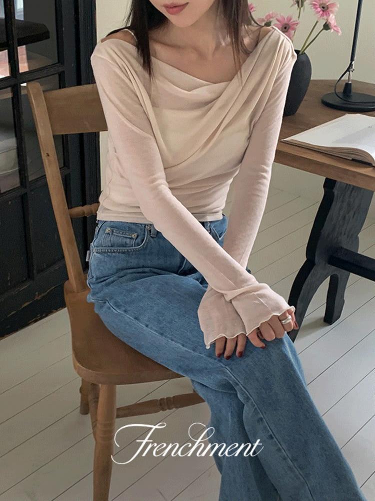 [울,텐셀100%/MADE]플립 가을 울 텐셀 오프숄더 셔링 드레이프 프릴 긴팔 티셔츠(5color)피치핑크제외 당일출고