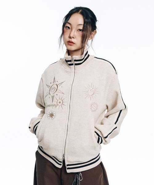 자수 트랙 집업 니트-아이보리