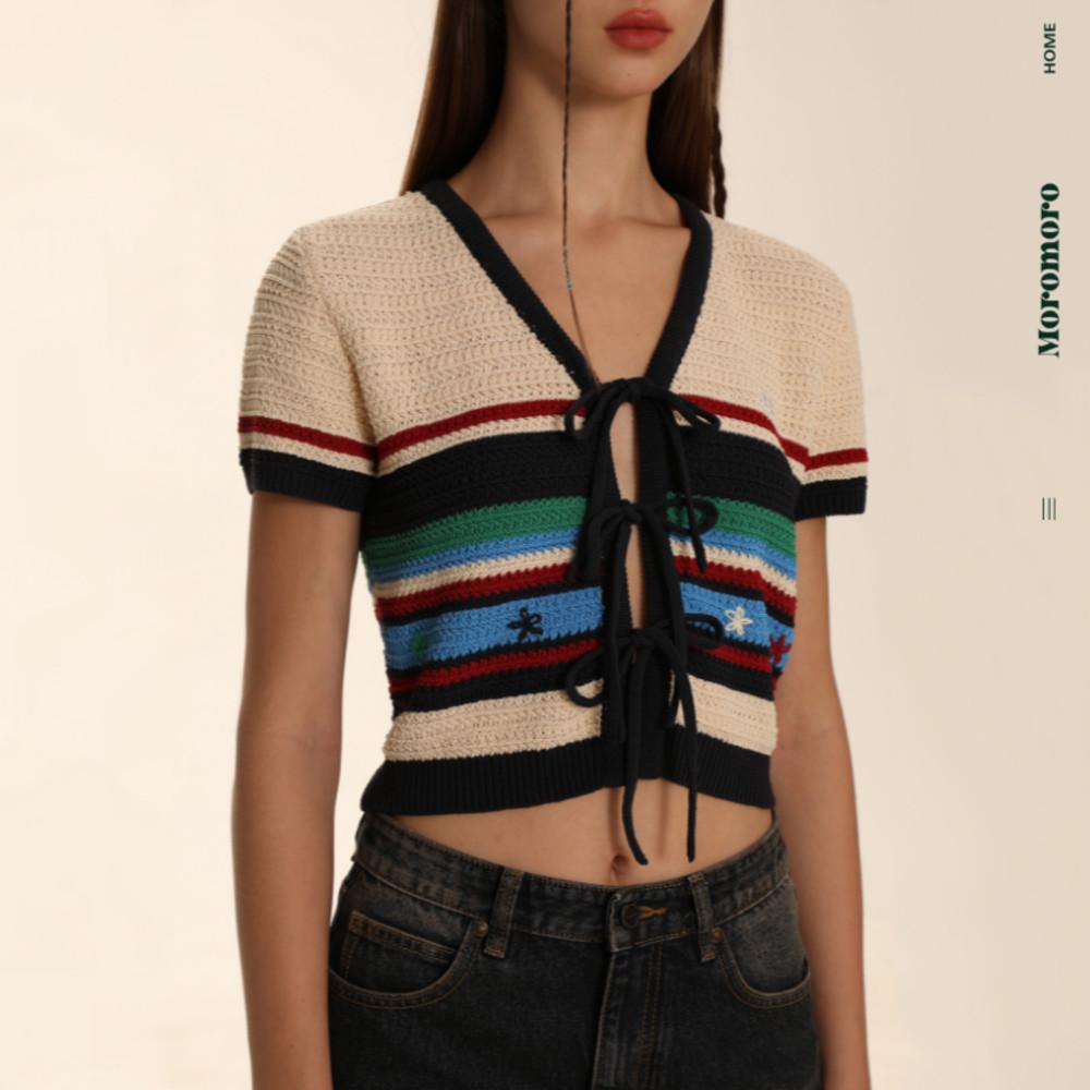 MOROMORO2 모로모로2 니트 반팔 리본 크롭 브이넥 뜨개 가디건 발레코어룩
