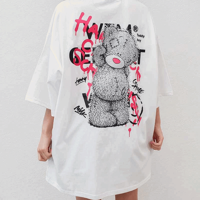 [오버핏] 테디보이베어 프린팅 박스 반팔 티셔츠 남여공용 (2color)