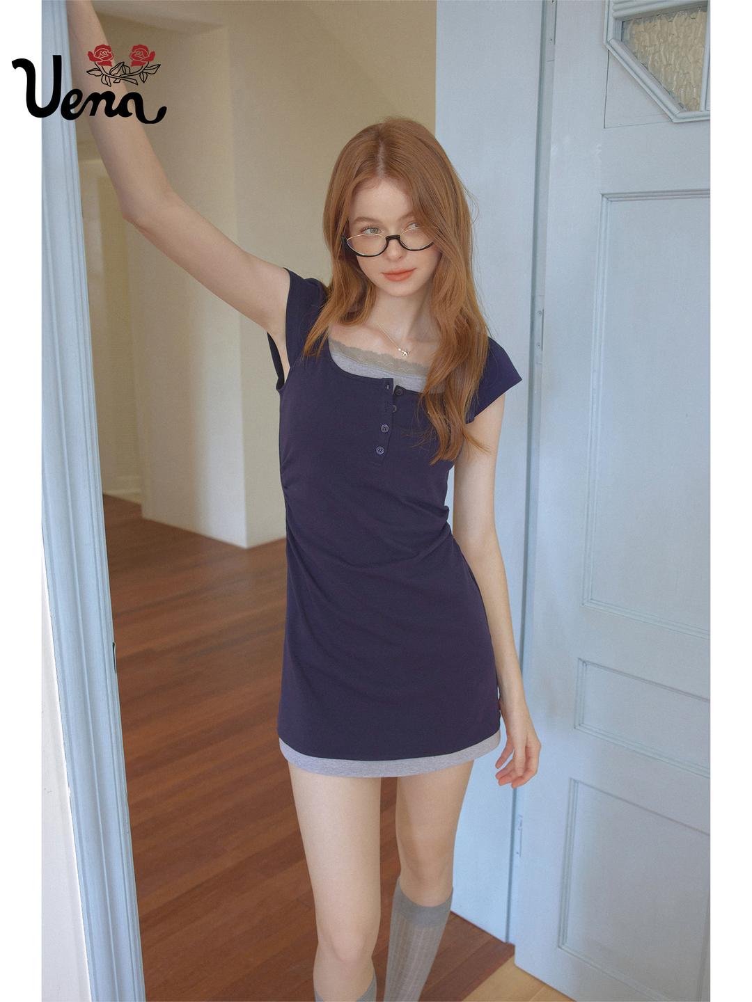 [ UENA ] Navy Square Fake Two-piece Dress