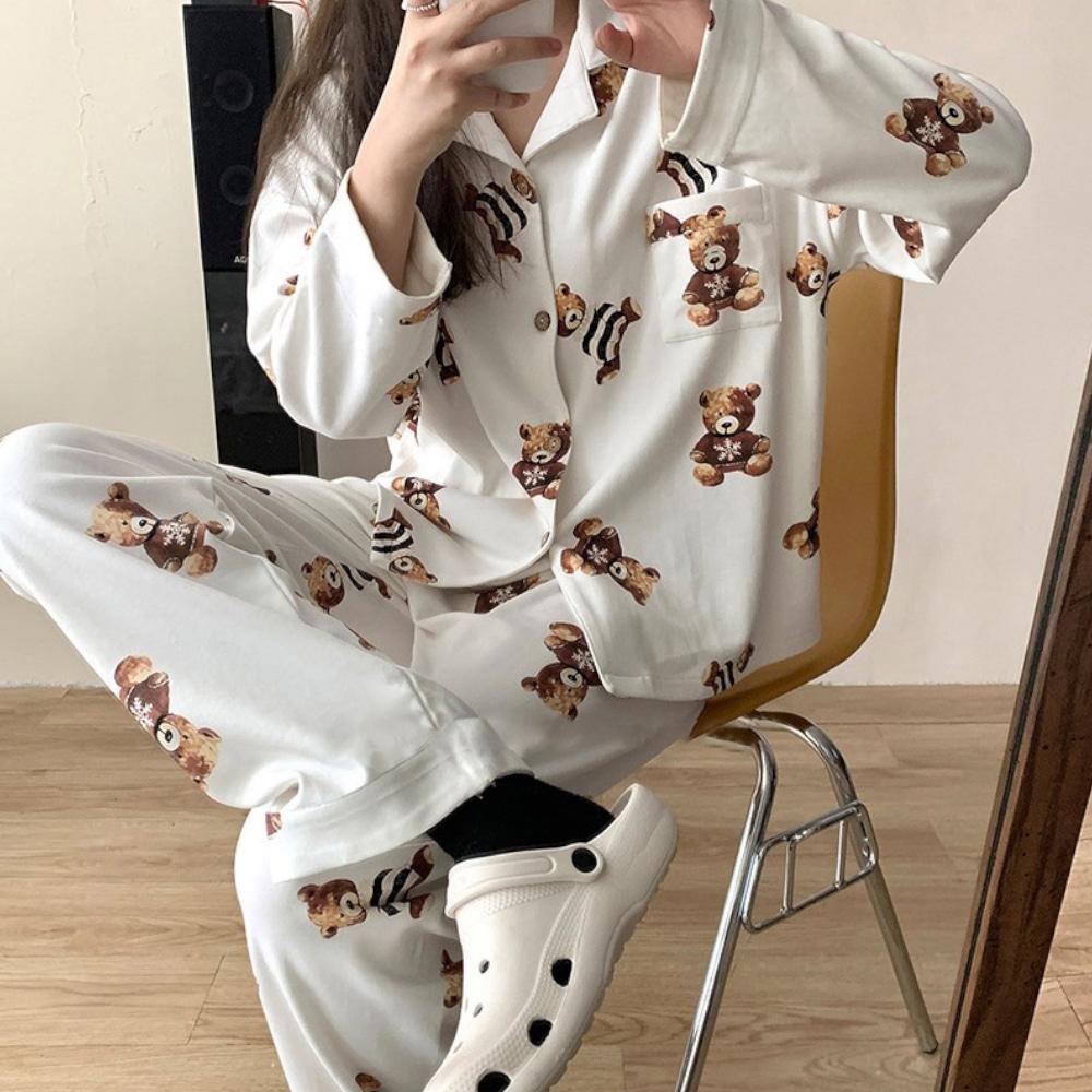 [갬성모드] 시리얼 테디베어 곰돌이 긴팔 투피스 홈웨어 잠옷 상하 세트 파자마 나이트웨어 집순이 홈룩