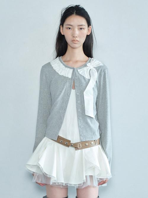 FRILL RIBBON CARDIGAN / GRAY