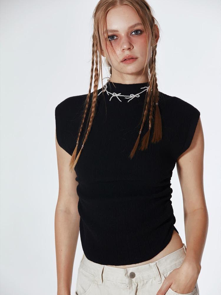 High Neck Side Ruched  Sleeveless Top (BLACK)