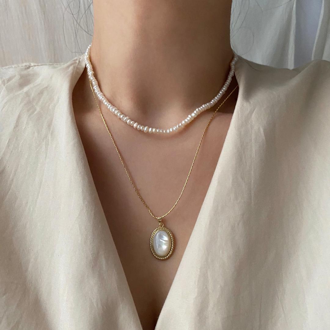 ove Silver 925 mother-of-pearl oval coin freshwater pearl necklace silver necklace (select 2 types) silver necklace - guest look wedding guest look