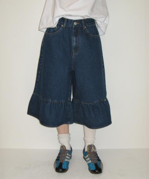 FLOUNCE HEM DENIM PANTS MEDIUM BLUE