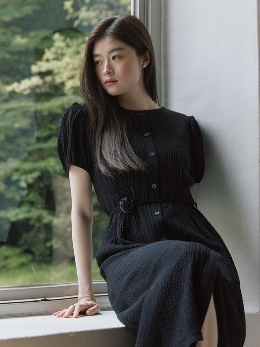 Seersucker half shirring long dress - black