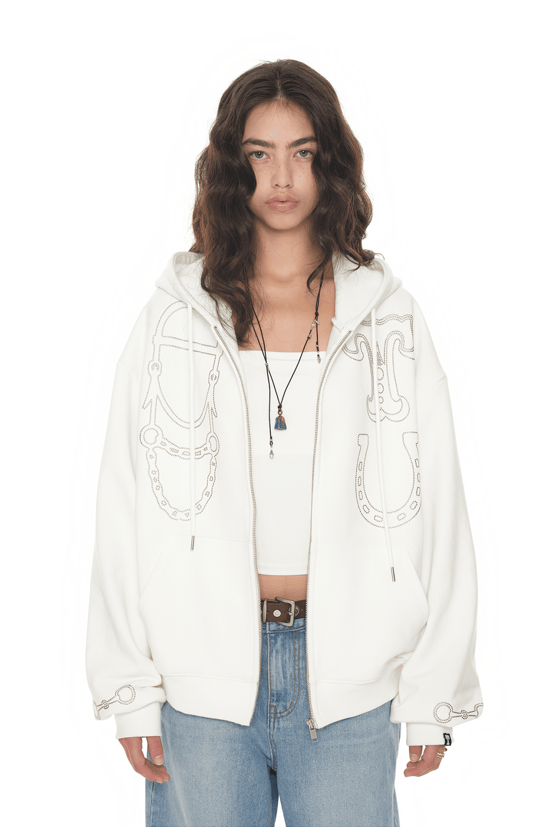 WESTERN HOTFIX ZIP-UP HOODIE (WHITE)