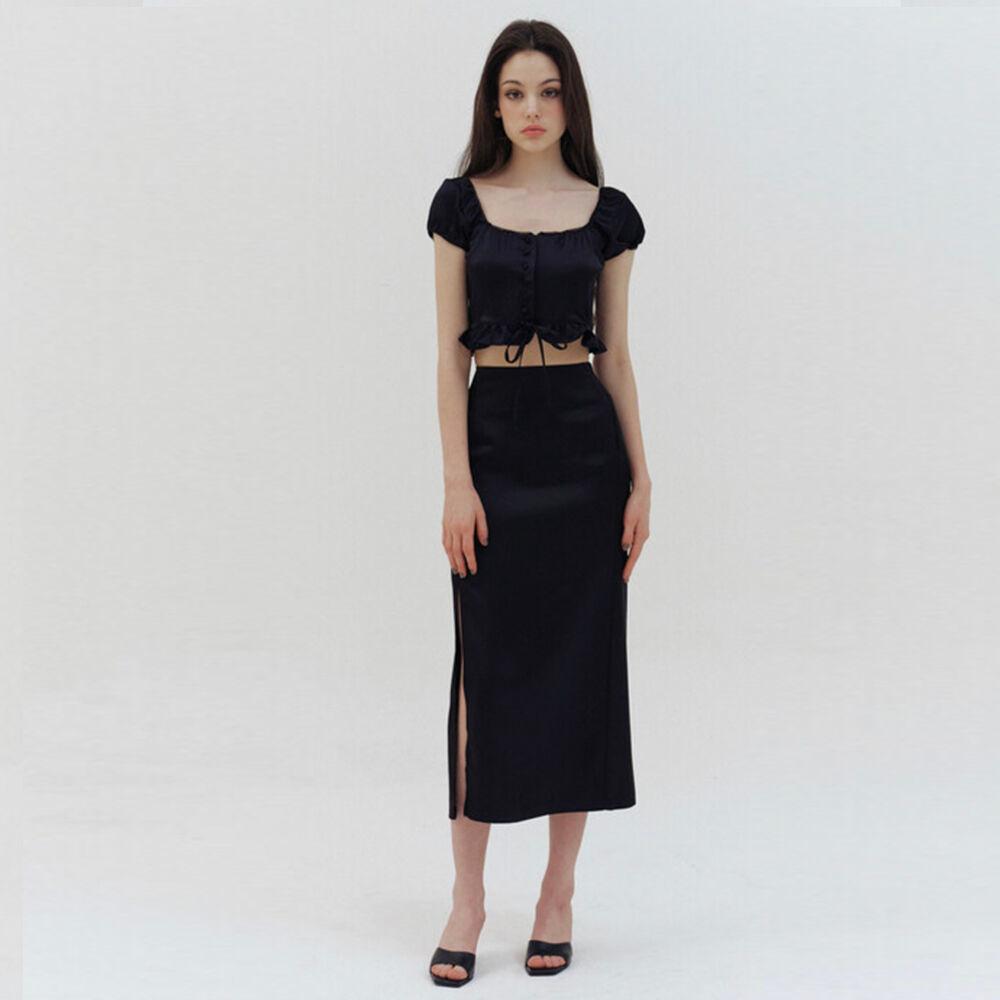 black satin slit long skirt