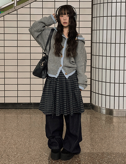 빈블 [루즈핏/간절기] @vinvle made, 세비드 배색 후드 니트 가디건