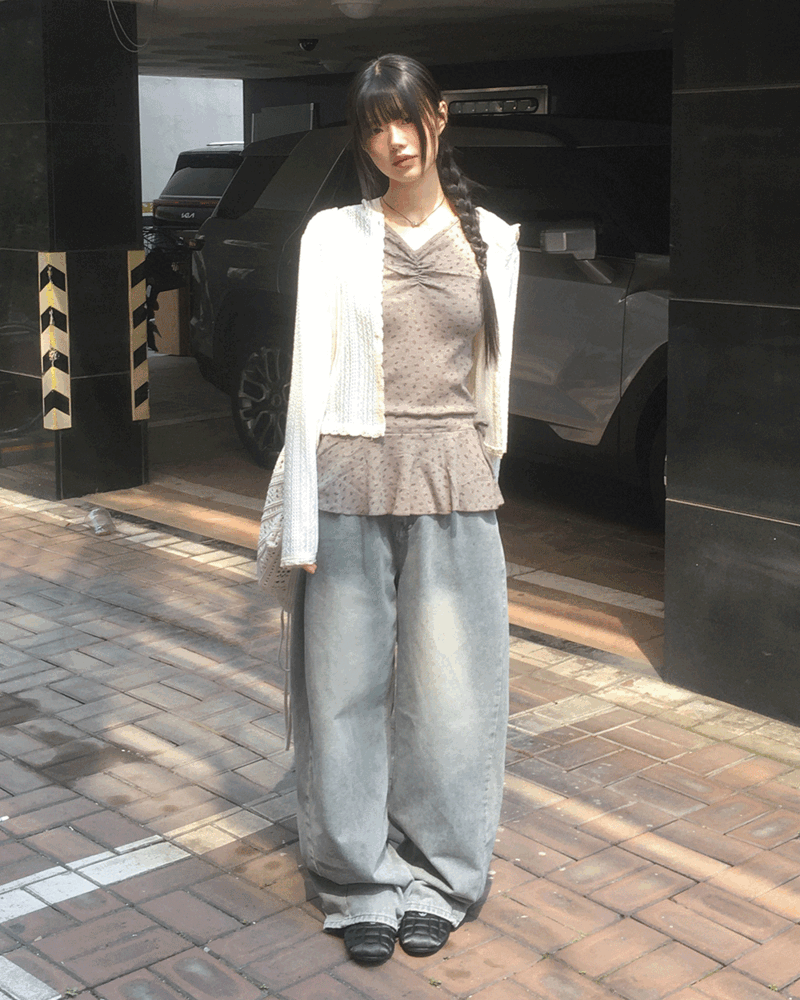 원더원더 [👖기장선택] 민타 워싱 옆핀턱 와이드 데님 팬츠
