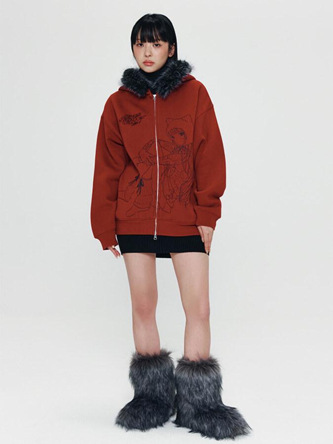 키르시 X 피투 퍼트리밍 그래픽 후드 집업 [다크 레드]