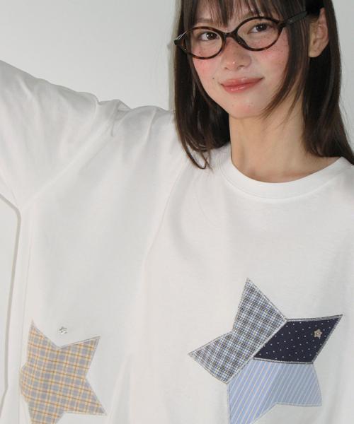 MIX STAR APPLIQUE OVER FIT LONG SLEEVE WHITE