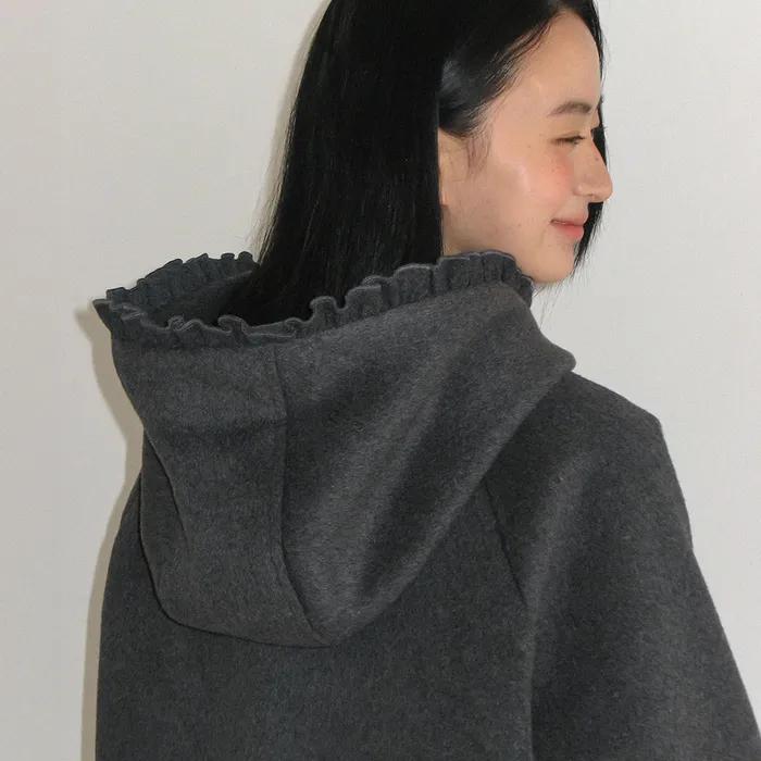 FRILL HOODED LONG COAT CHARCOAL