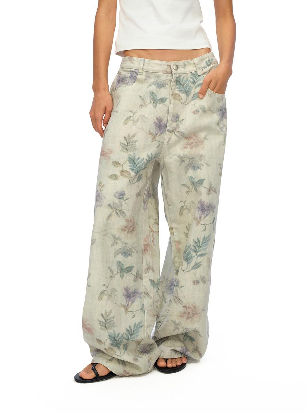 Floral Print Denim Pants