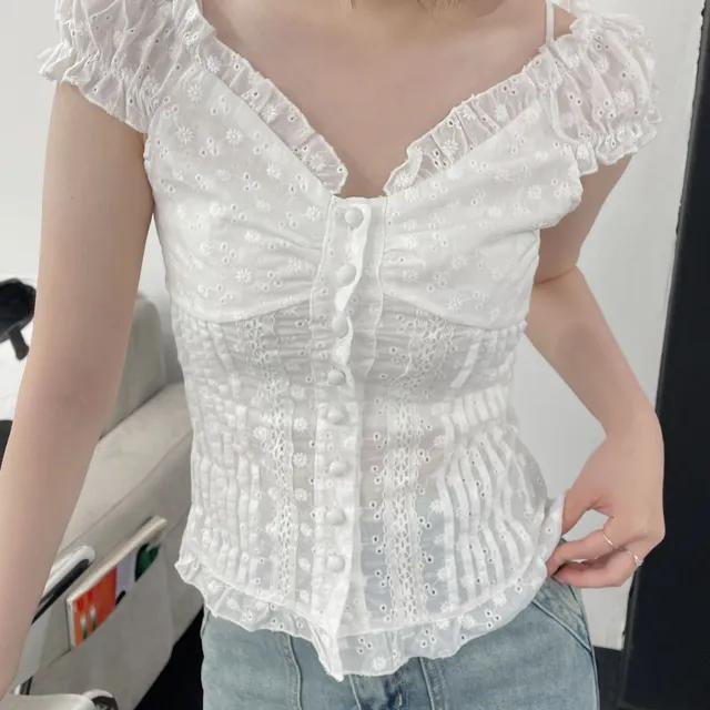 [인기퀄굿/66까지] 리울 레이스 블라우스 / 셔링 반팔 나시 블라우스 / 아일렛 펀칭 나시 / 여름 한여름 / 한여름 퍼프 블라우스/ 퍼프 레이스펀칭 / 레이스블라우스 발레코어